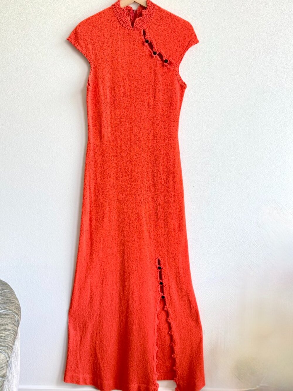 1970s Miss Dolphin Orange Mandarin Collar Maxi Dress Textured Knit Slit Medium
